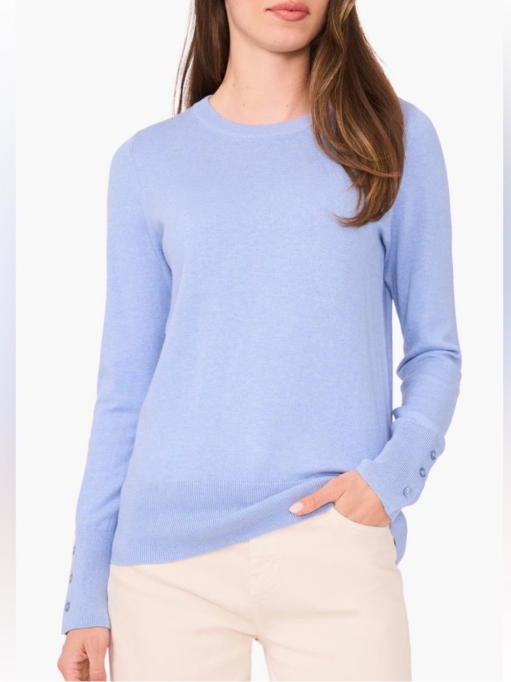 Halogen Button Cuff Crew Neck Sweater Size Medium‎ Light Blue New